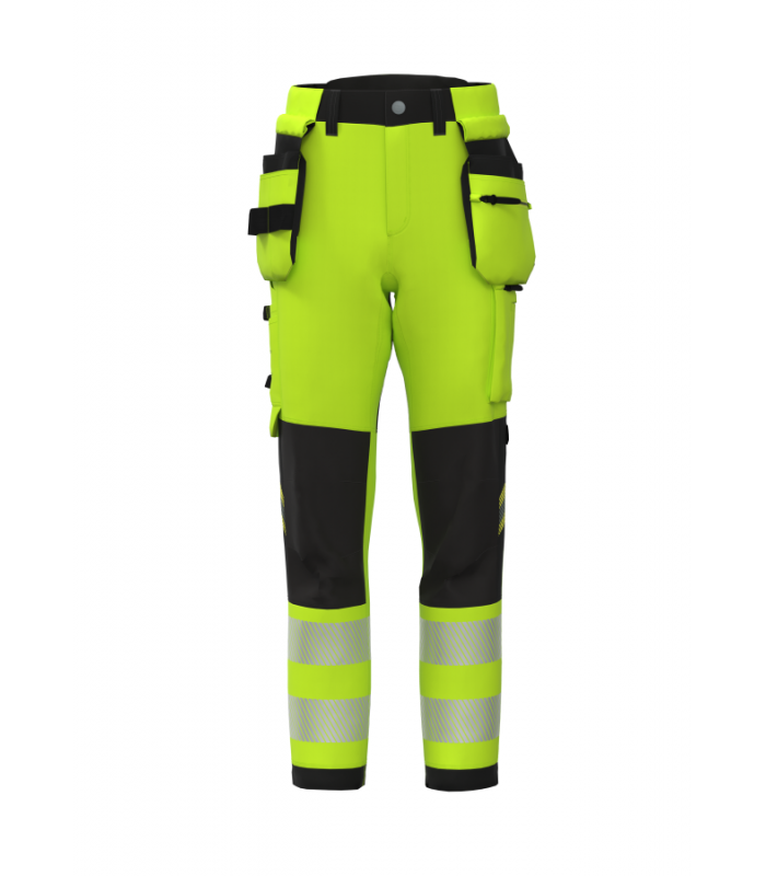Bosafety TENSION PLUS tööpüksid ripptaskutega 4x stretš Hi-Vis kl.2 must/kollane